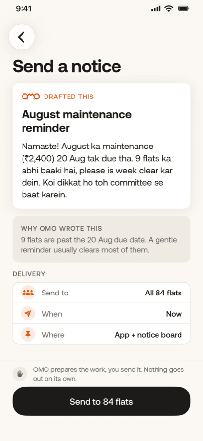 The notice screen: OMO's drafted August maintenance reminder in Hinglish, under a heading reading OMO drafted this, with its reasoning shown below